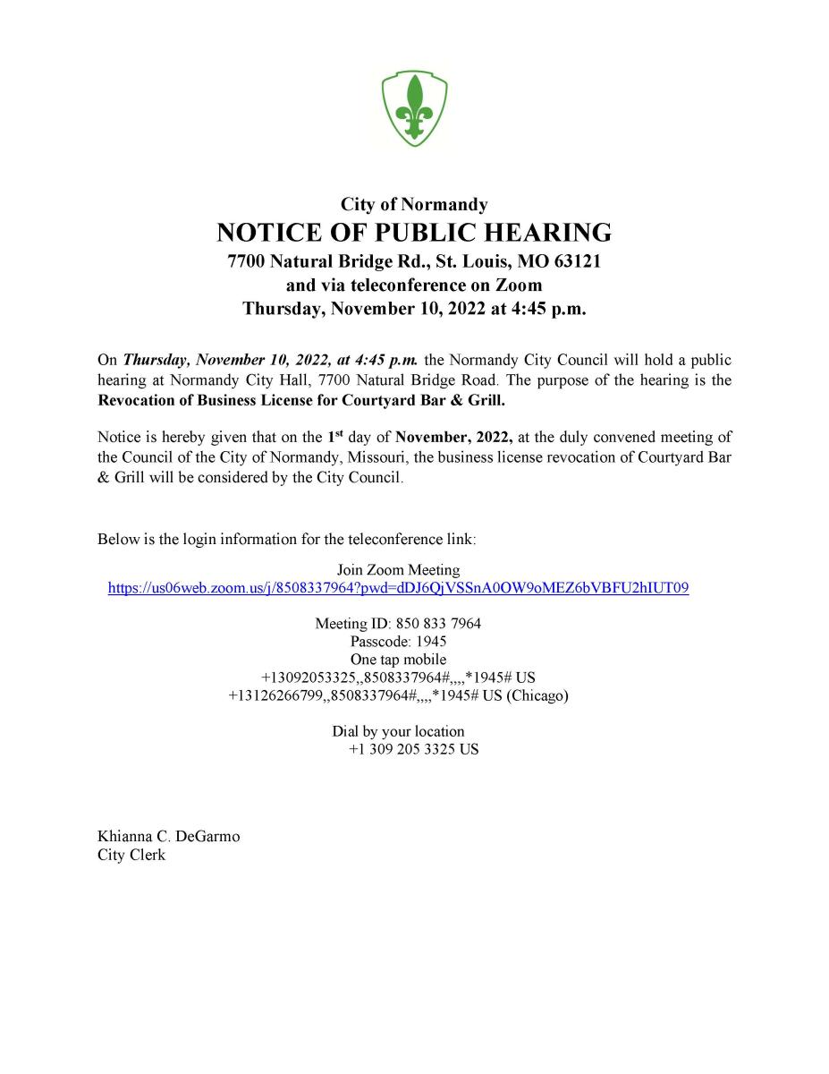 **CANCELED** NOTICE OF PUBLIC HEARING Courtyard Bar & Grill